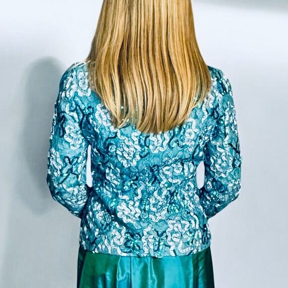 Vintage Anne Crimmins Evening Jacket Turquoise Blue Sequins Lace Glamour Size 4 - Picture 9 of 10